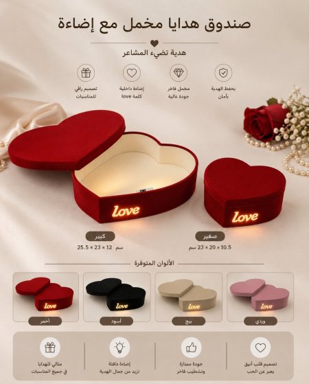 صندوق راس قلب مخمل مع كلمة Love مضيئة